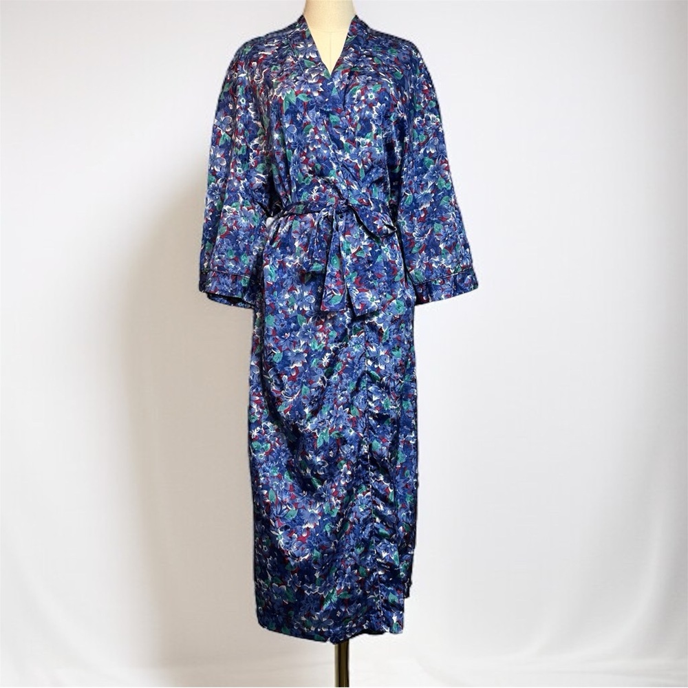 Vintage Erika Taylor Kimono Blue Floral Belted Robe